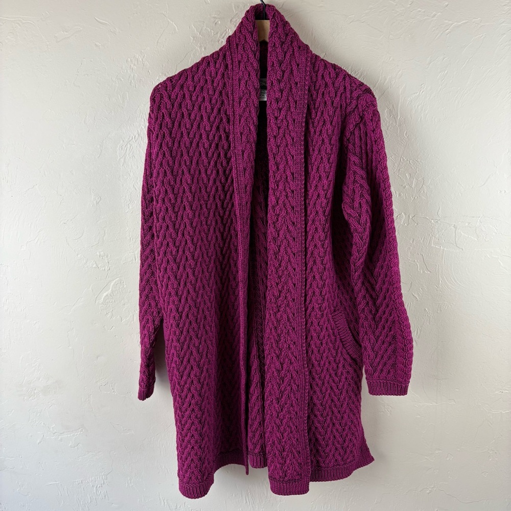 Aran Crafts Pink Chunky Cable Knit Cardigan Sweater Longline Wool Pockets Medium